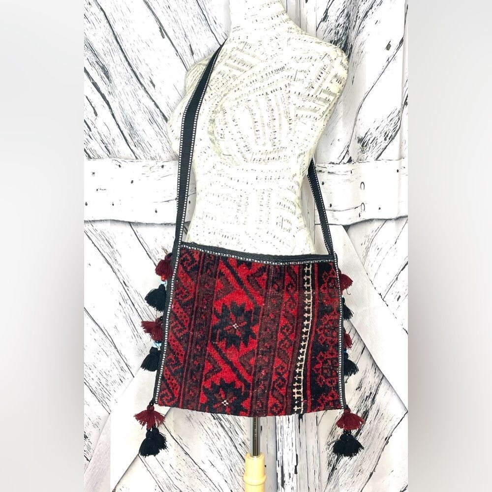 Vintage Wool Carpet Shoulder Bag Purse Fringed Tribal Handmade